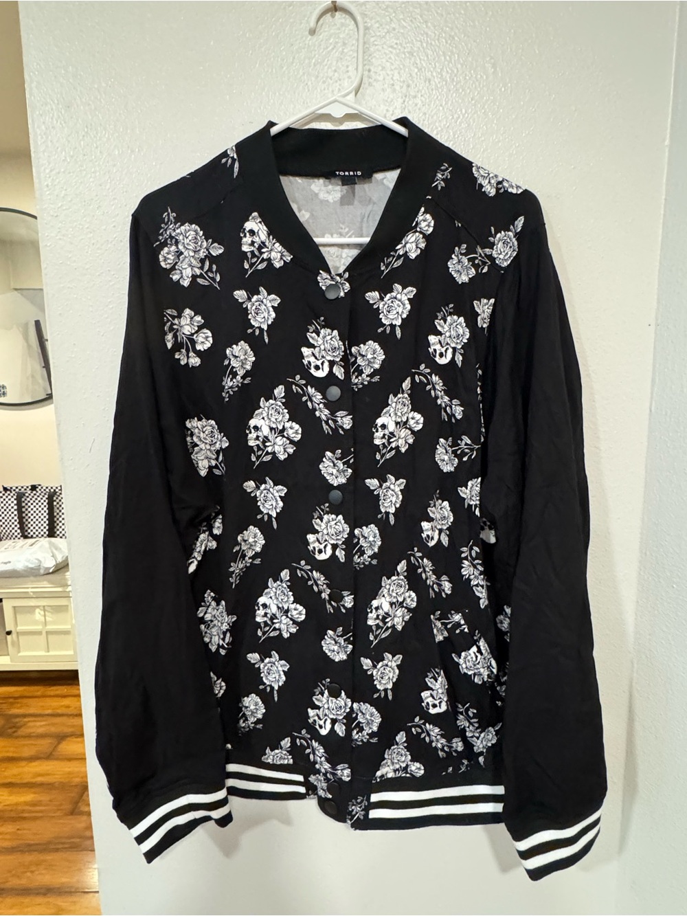 torrid Black Floral and Skull Bomber Jacket